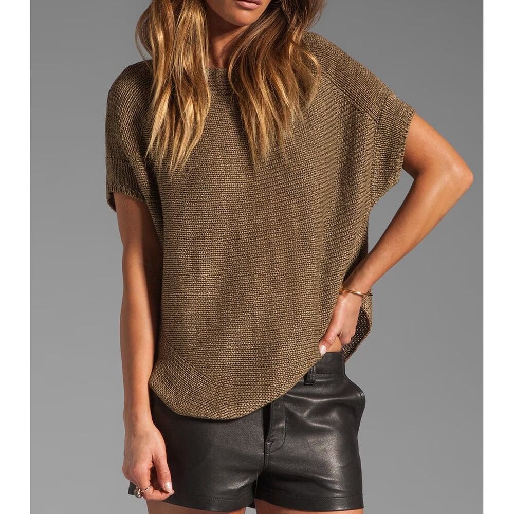 Vince Boat Neck Pullover Sweater Brown Short Sleeve Open Knit Women's L